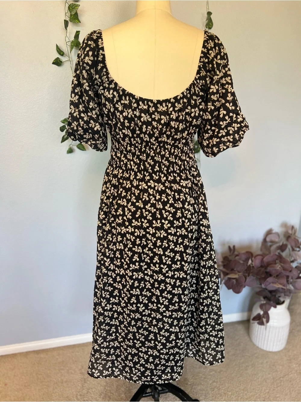 Tory Burch Little Leaves Smocked Midi Beach Dress Black White Cotton S